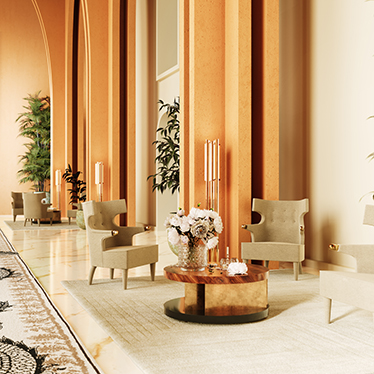 Sika Armchair, Lallan II Center Table, Cyrus Floor Light